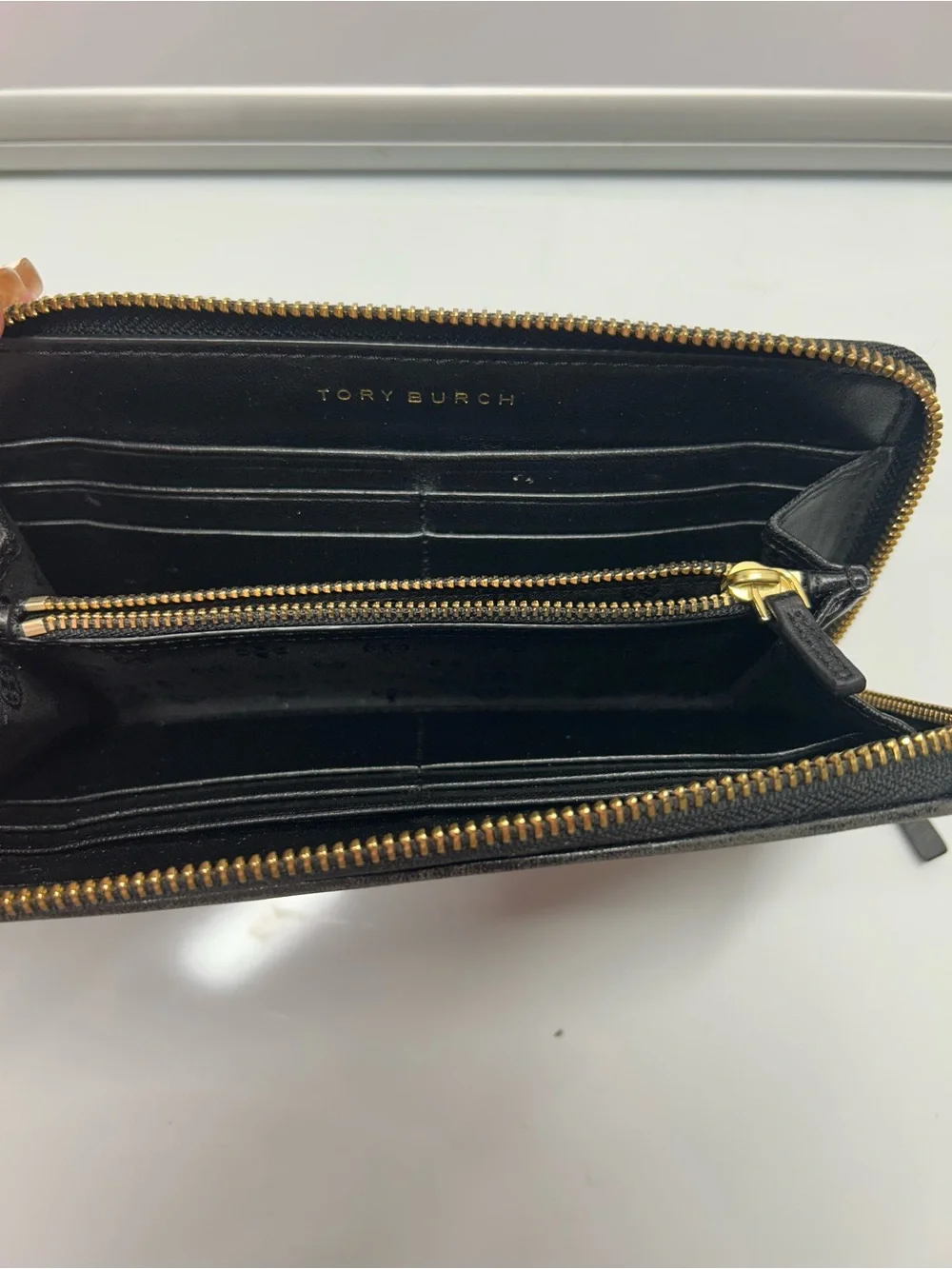 Tory Burch Black Quilted Leather Zip Wallet with Logo